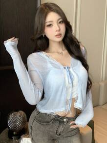 DAZY 女式蕾丝拼布抽绳系带袖口长袖上衣，秋季女装 - 藍色 - 查看 7