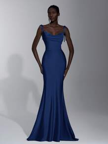 Elitara 优雅的绿色细肩带伴娘礼服，蝴蝶结，露背，水钻，美人鱼轮廓 - 藏蓝色 - 查看 6