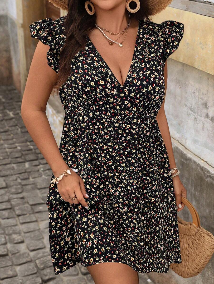 SHEIN VCAY Plus Size Ditsy Floral Print Ruffle Trim Dress Floral Dress Women Summer Floral Dress Floral Summer Dress Black Floral Dress Women Floral Dress - Black - View 1