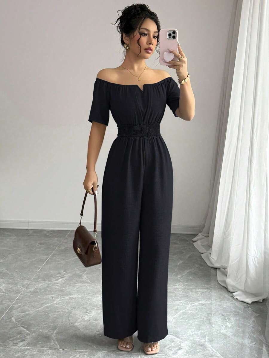 Elenzga 女式夏季新款露肩V领收腰黑色连体裤