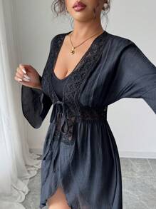 Elenzga Elenzga Women's Summer V-Neck Waistline Embroidered Lace Trim Design Shirt, Front Tie Detail, Flare Cuffs & Hem, Hollow Waist Pleated Sheer Elegant Mid-Length Blouse, Suitable For Everyday & Casual Wear