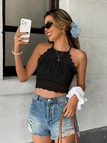 Serisse Women's Solid Color Spaghetti Strap Seashell Trim Fashionable Summer Sleeveless Cropped Ruffle Camisole Chic Black Casual - Black - View 4