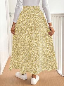 SHEIN Frenchy 女式简约碎花开衩荷叶边下摆长裙 - 黃色 - 查看 2