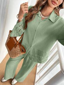 SHEIN Frenchy 2pcs Women Cotton Lace Long Sleeve Button-Front Shirt And Pants Set