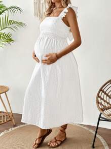 SHEIN Sukienka ciążowa z falbaną na dole i kwiatowym haftem - Biały - Zobacz 3