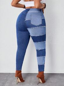 SHEIN SXY Plus Size Women Patchwork Denim Skinny Jeans Summers For Women Festivals Cowboy Jeans - Blue - View 2