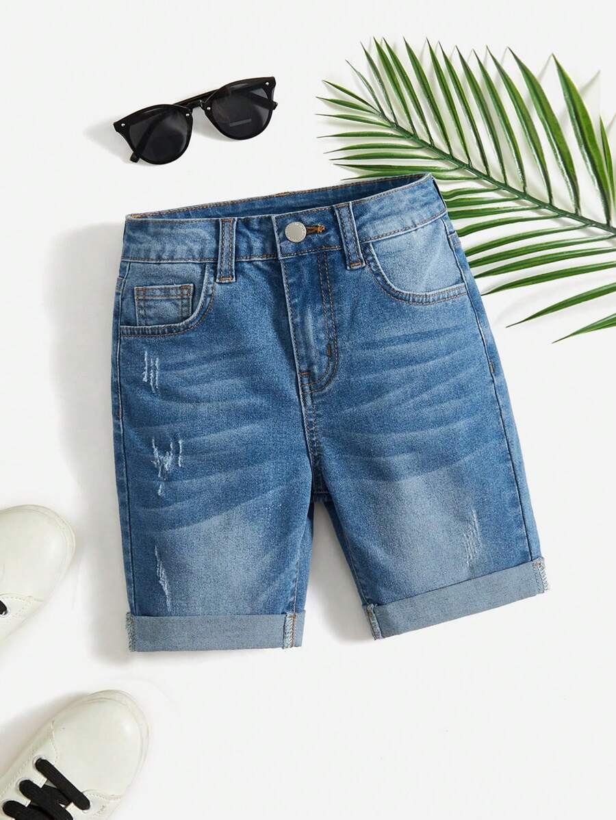 SHEIN Tween Boy Straight Leg Denim Shorts,Kids - Medium Wash - View 1