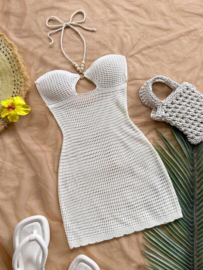 Soleia 度假性感纯色挂脖金属装饰针织连衣裙