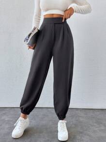 SHEIN PETITE Cone Shaped Women Suit Pants With Detailed Waist - Dark Grey - View 3