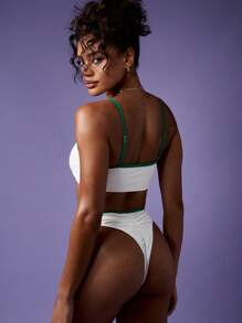 MISSGUIDED Retro Scoop Neck Sporty Bikini Set High Cut Bottoms With Contrast Trim Poolside Beachwear Vacay Swimsuit - White - View 2