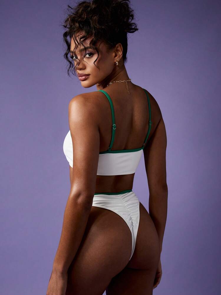 MISSGUIDED Retro Scoop Neck Sporty Bikini Set High Cut Bottoms With Contrast Trim Poolside Beachwear Vacay Swimsuit