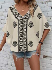 EMERY ROSE Women Woven Digital Print Batwing Sleeve V-Neck Casual Blouse