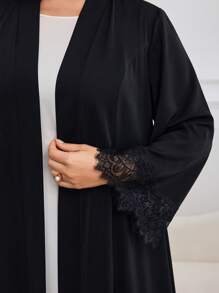 Al Najma Plus Size Women Elegant Solid Color Contrast Lace Flare Sleeve Arabic Abaya - Black - View 7