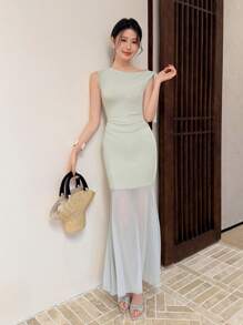 SHEIN LUNE 纯色网纱拼接斜肩系带蝴蝶结优雅女装 - 綠色 - 查看 3