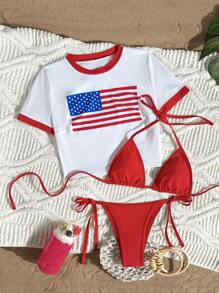 Swim Mod 3 件套女式美国国旗独立日 7 月 4 日三角比基尼泳装套装，性感休闲，适合春夏季假日海滩派对，红色