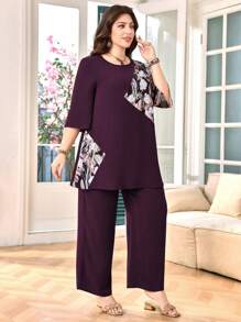 Lacomfia Bộ 2 món/Bộ đồ nữ cỡ lớn cổ tròn in hoa tay 3/4 và quần dài, trang phục đi nghỉ thường ngày - Màu tím - Xem 3