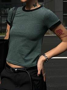 DAZY Women Crew Neck Contrast Trim Casual Striped Short Sleeve Fitted T-Shirt, Summer