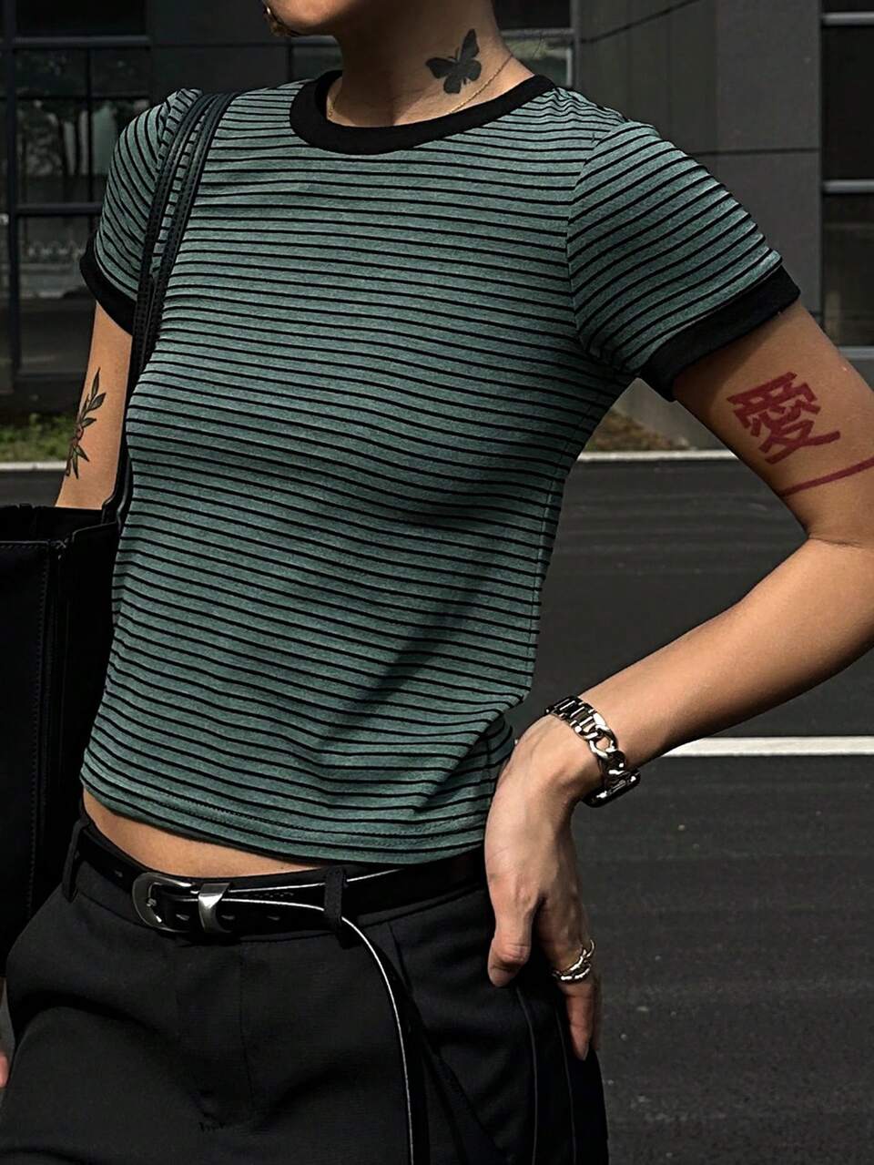 Women Crew Neck Contrast Trim Casual Striped Short Sleeve Fitted T-Shirt, Summer Easter