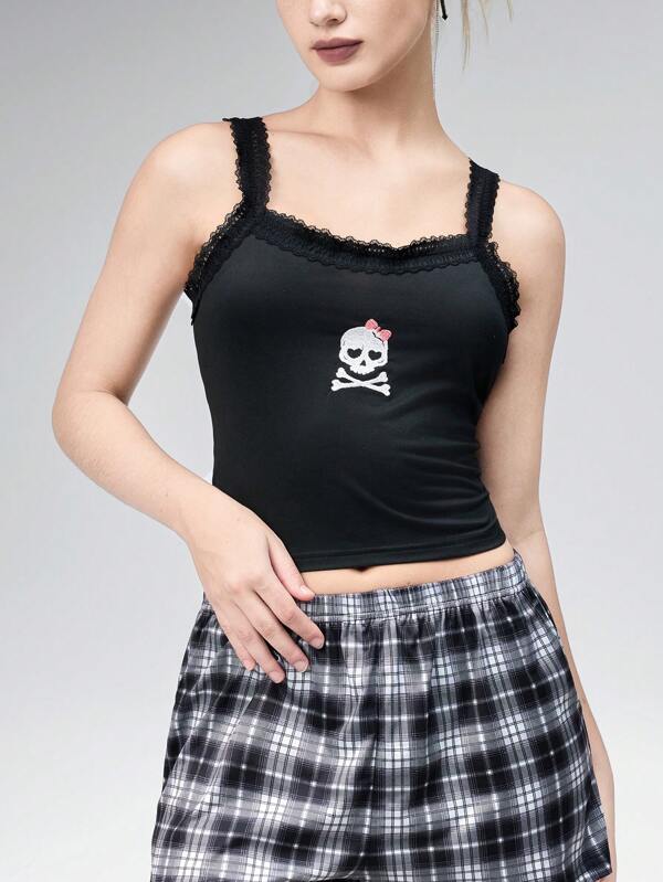 ROMWE Goth Set pijama cu camisol și pantaloni scurți pentru femei cu imprimeu de craniu