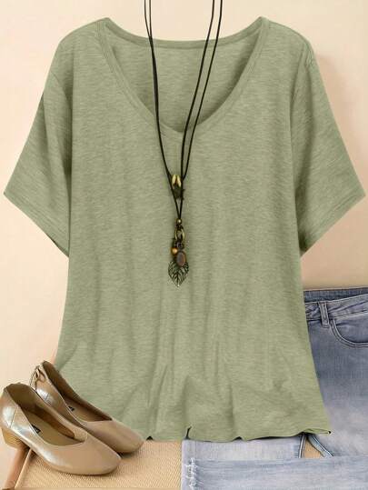 Women Plus Size Solid Color Short Sleeve Casual V-Neck Cotton T-Shirt
