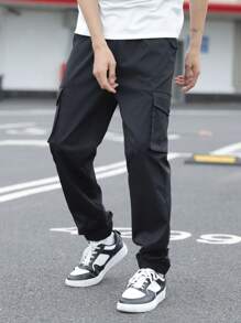 PantsHub Casual Teen Boys' Black Elastic Cuff Cargo Pants, Streetwear Punk Rock Athletic Trousers For Everyday, Party, Music Festival, Suitable For Spring/Summer - Black - View 7