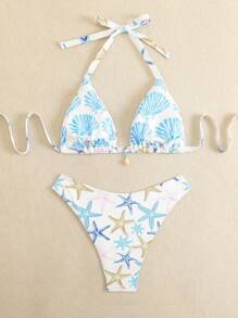 Swim Mod Plus Size Women Summer Starfish Printed Halter Bikini Set With Shell Decor Tankini Swimsuits