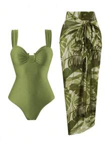 Swim Oasis Springbreak New Women's Summer Vacation Solid Textured U-Neck Cutout Backless With Premium Printed Mesh Beach Skirt And Swimwear Set, Festival Boho Green Sage Green - Green - View 1