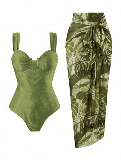 Swim Oasis Conjunto de falda de playa y traje de baño con cuello en U texturizado, recorte y espalda descubierta, con malla premium estampada, para vacaciones de primavera y verano de las mujeres, estilo boho festival, verde salvia