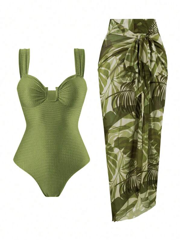 Swim Oasis Conjunto de vestido de playa y traje de baño de mujer para vacaciones de primavera con estampado premium de maya, cuello en U, abertura en la espalda y textura sólida, estilo boho para festival