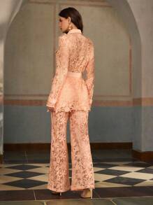 ZEYLAH 2pcs Set: Lace Utility Pocket Long Sleeve Shacket & Lace Wide Leg Pants - Pink - View 3
