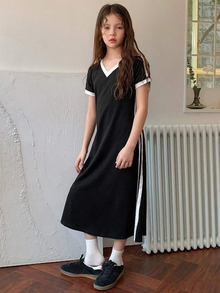 Tween Girls' Slim Fit V-Neck Short Sleeve Casual Dress