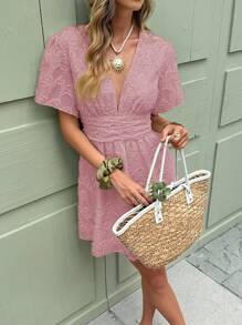 SHEIN Frenchy Đầm mini xếp ly cổ chữ V màu trơn cho kỳ nghỉ hè của phụ nữ - Hồng - Xem 4