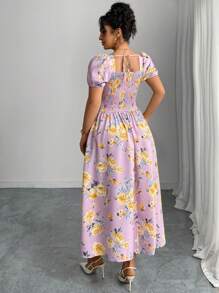 Modelyn Women Floral Print Raglan Sleeve Elegant Vacation Dress - Purple - View 2