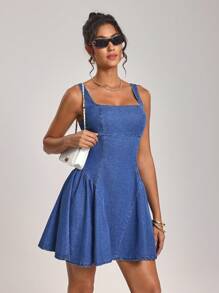 SHEIN Tall 女士休闲露背系带无袖牛仔连衣裙，适合日常穿着 - 藍色 - 查看 2