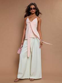 COSMINA Women's Summer Solid Color Twist Front Split Hem Camisole Tank Top - Pink - View 3