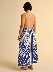 CAJUNI Women Vacation Tropical Boho Blue And White Print Spaghetti Strap Lace Up Casual Beach Summer Maxi Dress - Blue and White - View 2