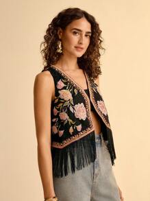 CAJUNI 女士无袖刺绣花卉短背心，夏季假日休闲沙滩度假马甲 - 彩色 - 查看 4