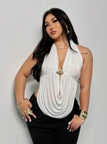 Firerie 加大码春夏宽松垂坠领无袖金属装饰系带开叉优雅休闲海滩度假吊带背心 - 白色 - 查看 5