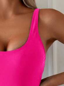 Swim Lushoire Women Summer Beach Round Neck Side Knotted One-Piece Swimsuit - Hot Pink - View 3