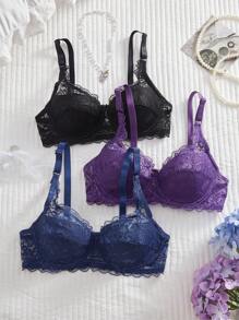 DesireSculpt 3 件套女士优雅蕾丝无钢圈文胸，性感法式浪漫内衣 - 彩色 - 查看 3