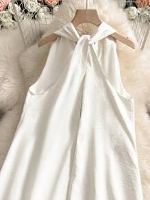 INAWLY Robe midi ample sans manches à col en V avec poches, style minimaliste - Nude - Voir 6