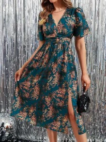 SHEIN Clasi 印花中長腰圍束腰連衣裙 - 墨綠色 - 查看 6