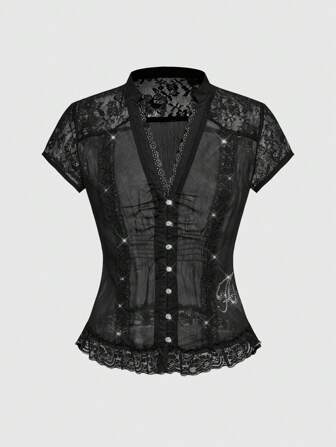 J-Fashion Camisa de mujer de manga corta de un solo pecho con encaje de contraste a la moda