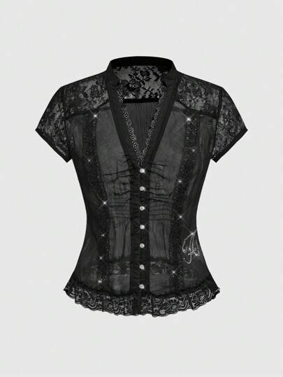 J-Fashion Damen Kontrast-Spitzen Einfachkragen Kurzarm modisches Hemd