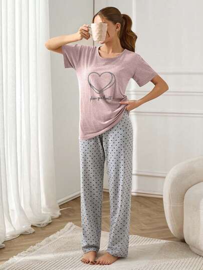 EURMUSE 100%Cotton Heart & Slogan Graphic Tee Short Sleeve & Pants Lounge Set