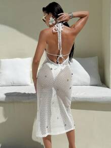 Bonvoyette 女士时尚休闲假日性感露背系带泳衣罩衫 - 米色 - 查看 2