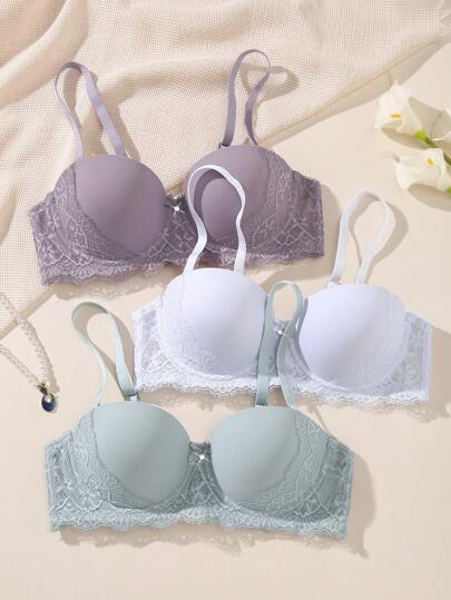 3件套纯色浪漫蕾丝简约百搭舒适支撑日常文胸套装适合小胸