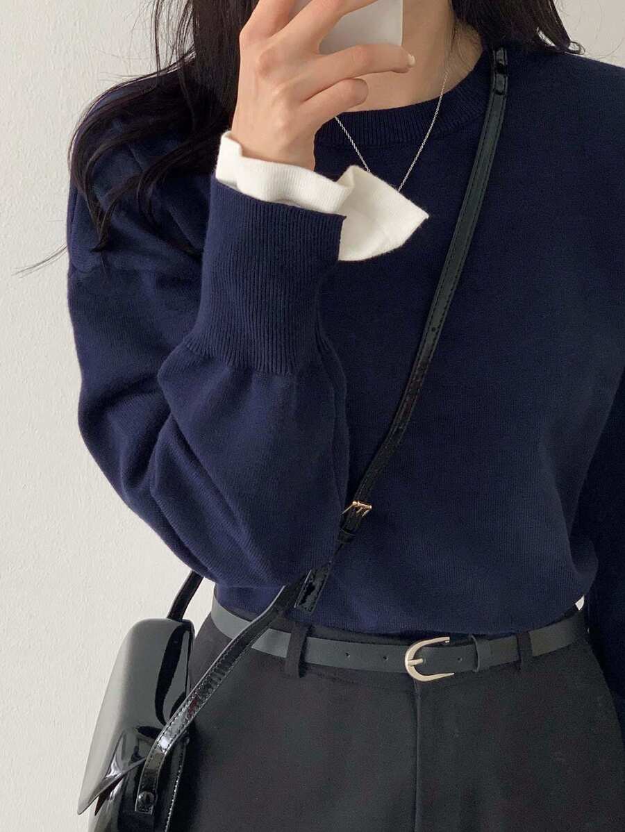 DAZY Suéter de cuello redondo de manga larga 2 en 1 para mujer, ropa de otoño - Azul - Ver 1