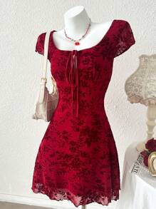 Modelyn Abito elegante da donna con fiori floccati e fiocco frontale, adatto per l'estate
