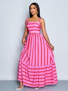 SOLERSUN 女式飘逸条纹长裙，肩带和胸部褶皱细节，适合度假、海滩、通勤和休闲穿着，优雅礼服（随机花卉） - 粉色 - 查看 3